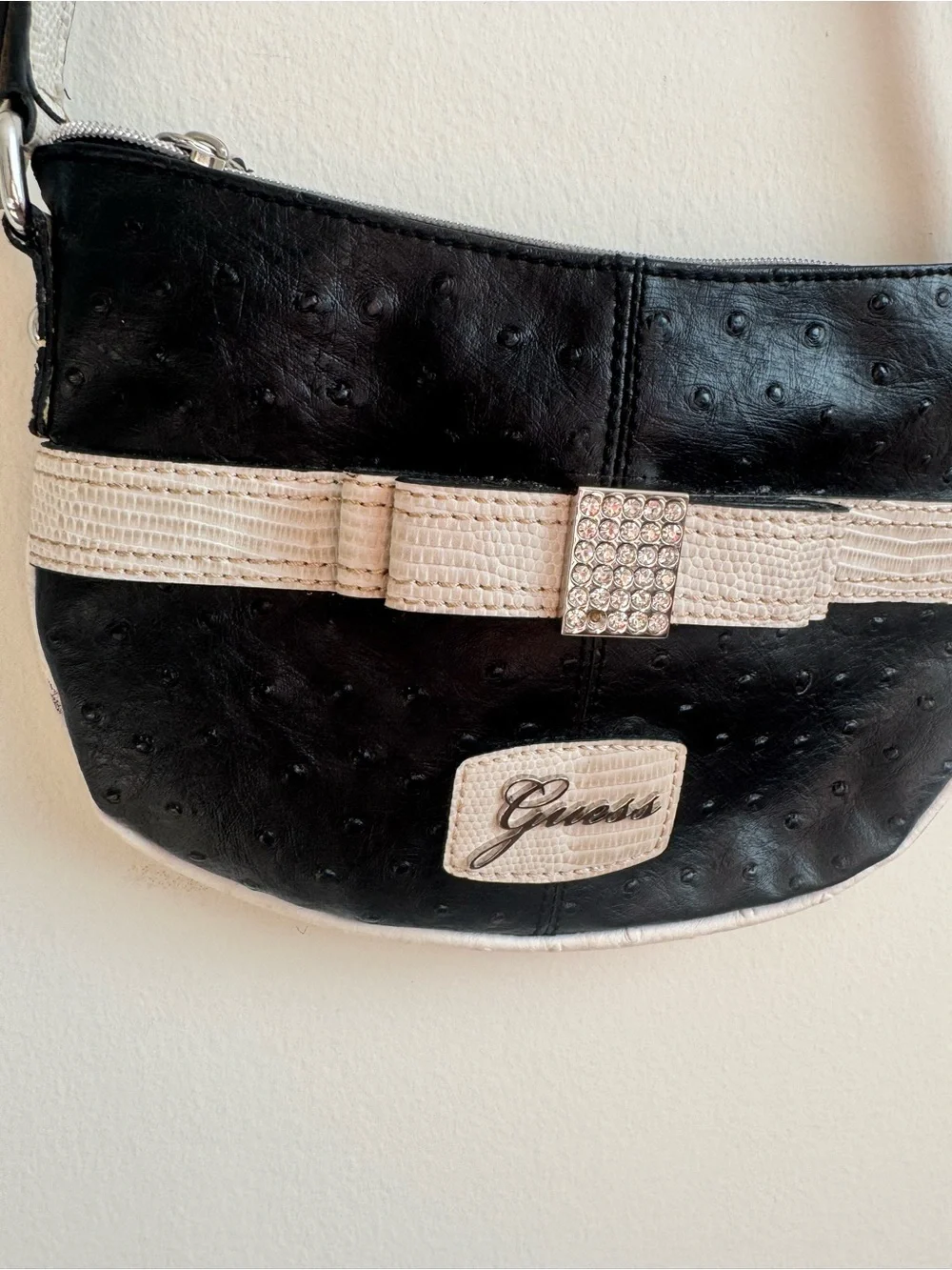 Y2K Guess Bow Collection Faux Ostrich Baguette Shoulder Bag
